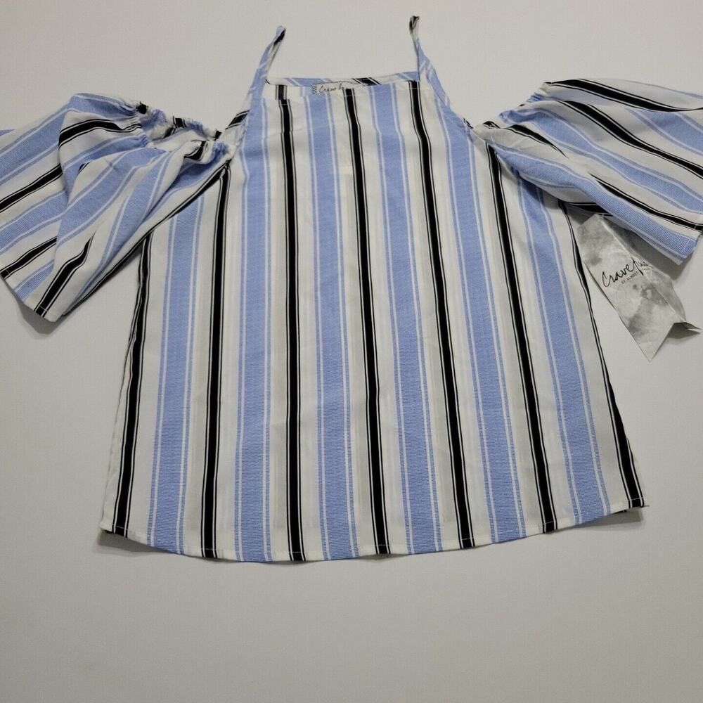 NEW Crave Fame Shirt Women XS Blue Tank Top Ruffle Sleeve Stripe Comfort Stretch